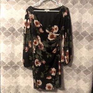 Charlotte Russe Medium Black Floral Dress with crossover Vneck and sheer sleeves